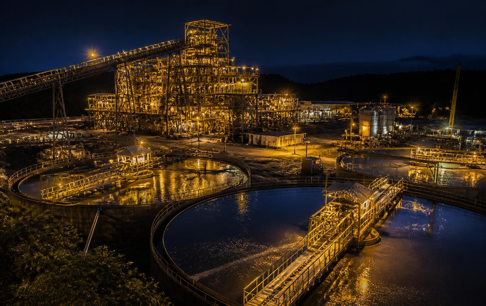 Mineral processing plant illuminated at night